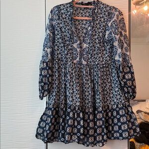 Maje Blue and White Patterned Long Sleeve Sheer Dress